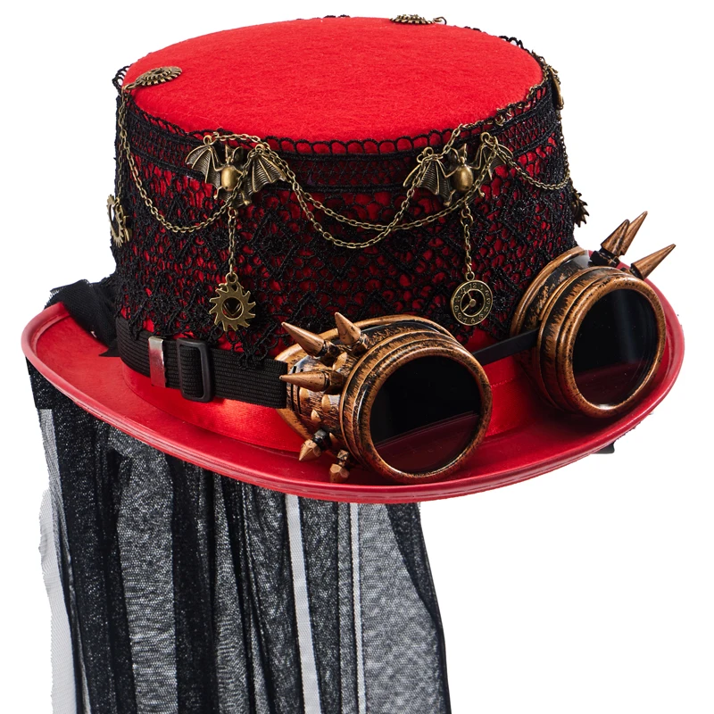 Steampunk cylinder z goglami czarne czerwone koronkowe koła zębate jazzowy kapelusz gotycka Fedora z welonem kostium imprezowy kapelusze