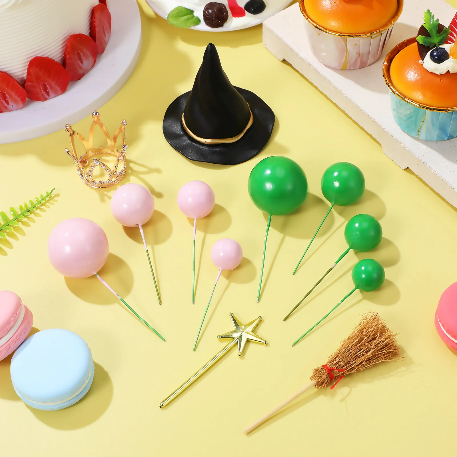 

44Pcs Witch Party Decoration Wicked Cake Toppers Set Halloween Baking Decor Crown Hat Broom Wand for Wizard Birthday Celebration