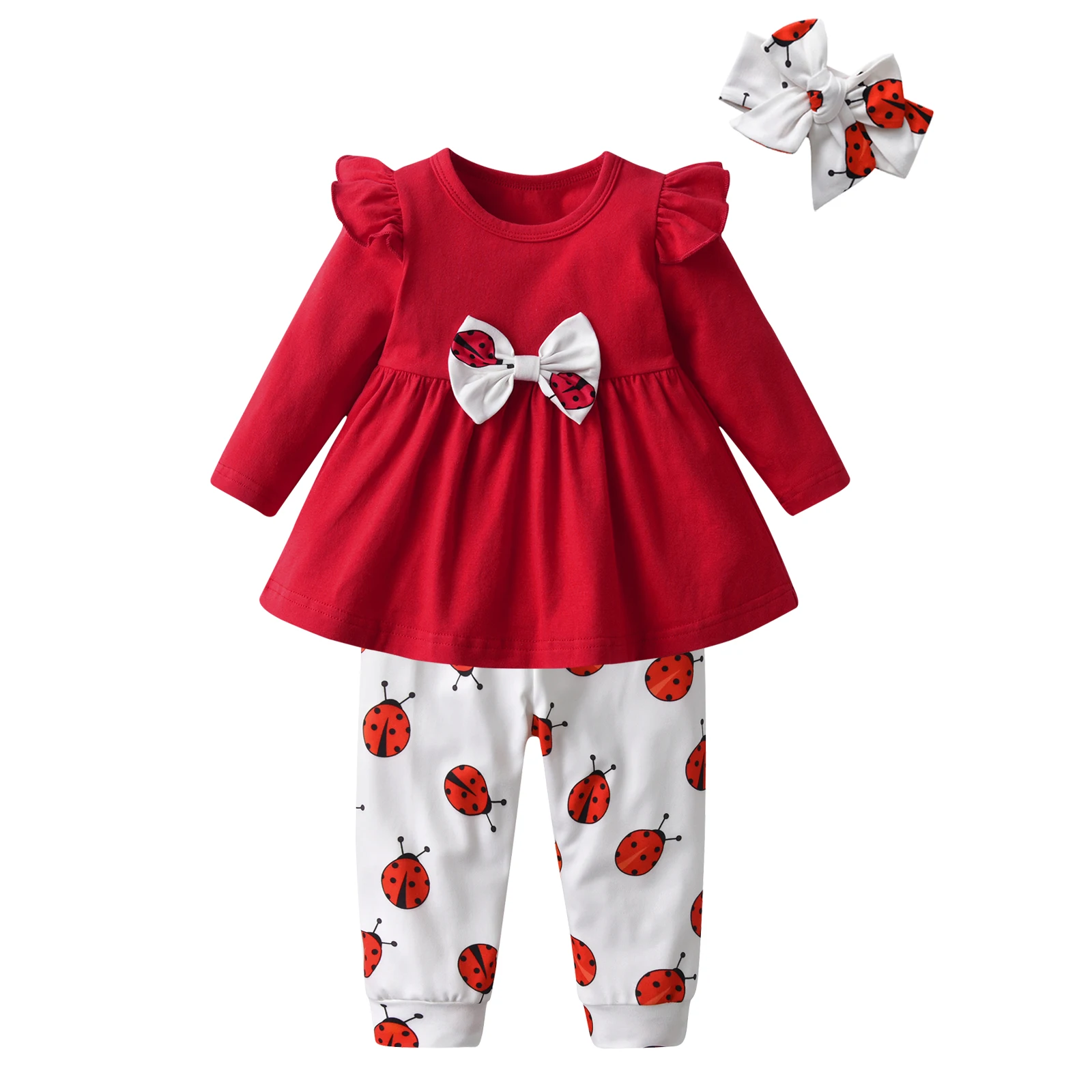 3PCS Toddler Baby Girl Clothes Set Casual Long Sleeve Tops with Bow and Printed Pants Headband Spring Autumn Newborn Clothing