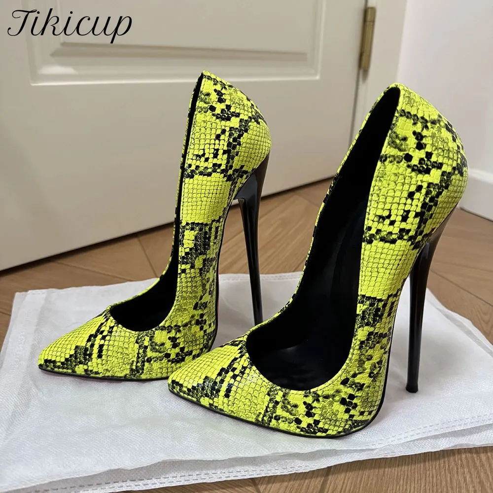 Women Sexy Yellow Snake Print Pointed Toe Pumps 14cm 16CM Ultra Stiletto High Heels For Runway Pole Dance Drag Queen Party Club