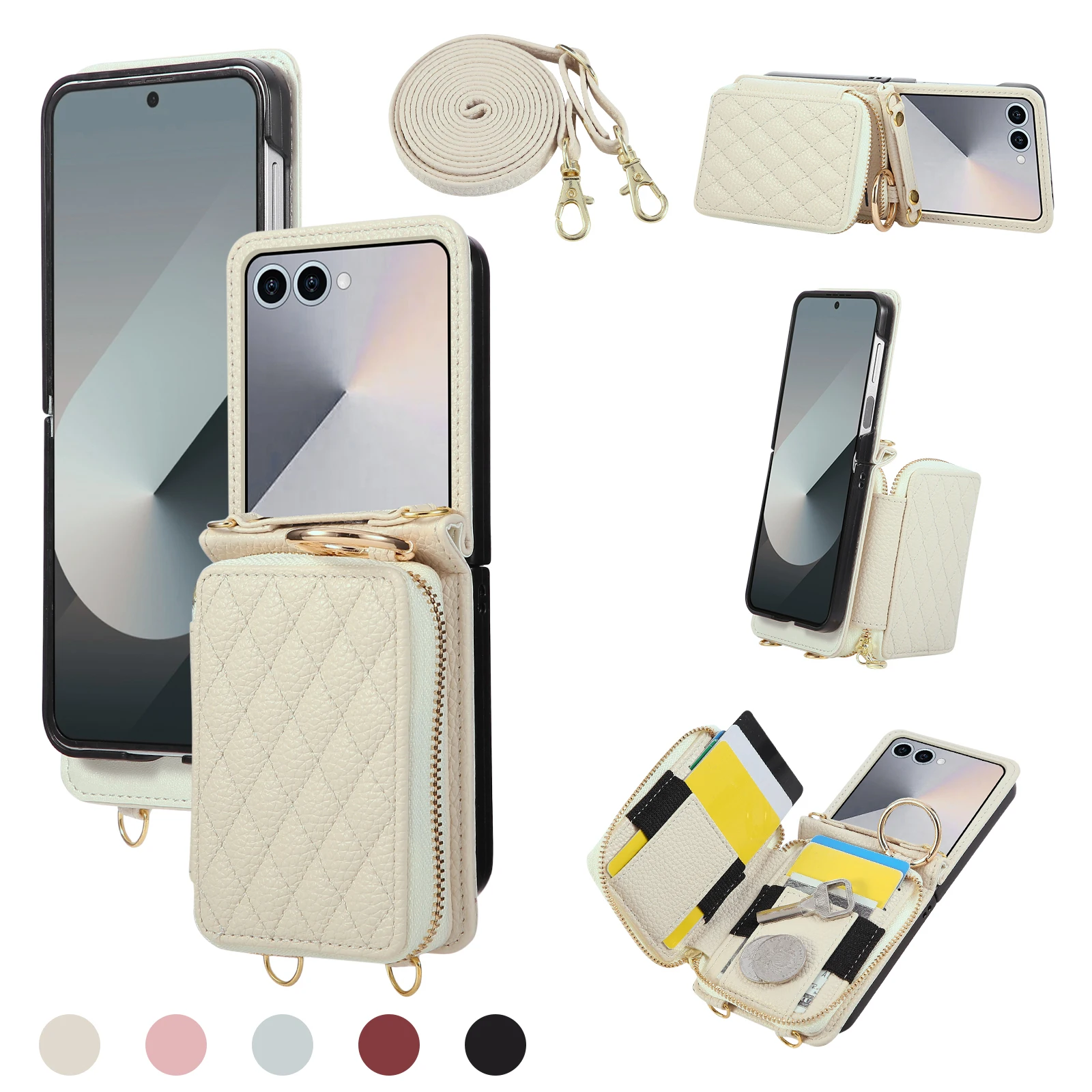 Hot sales Leather Case for Samsung Z Flip 8 7 6 5 4 3 Stand Slim Crossbody Long Lanyard Zipper Card Solt Ring Holder Cover
