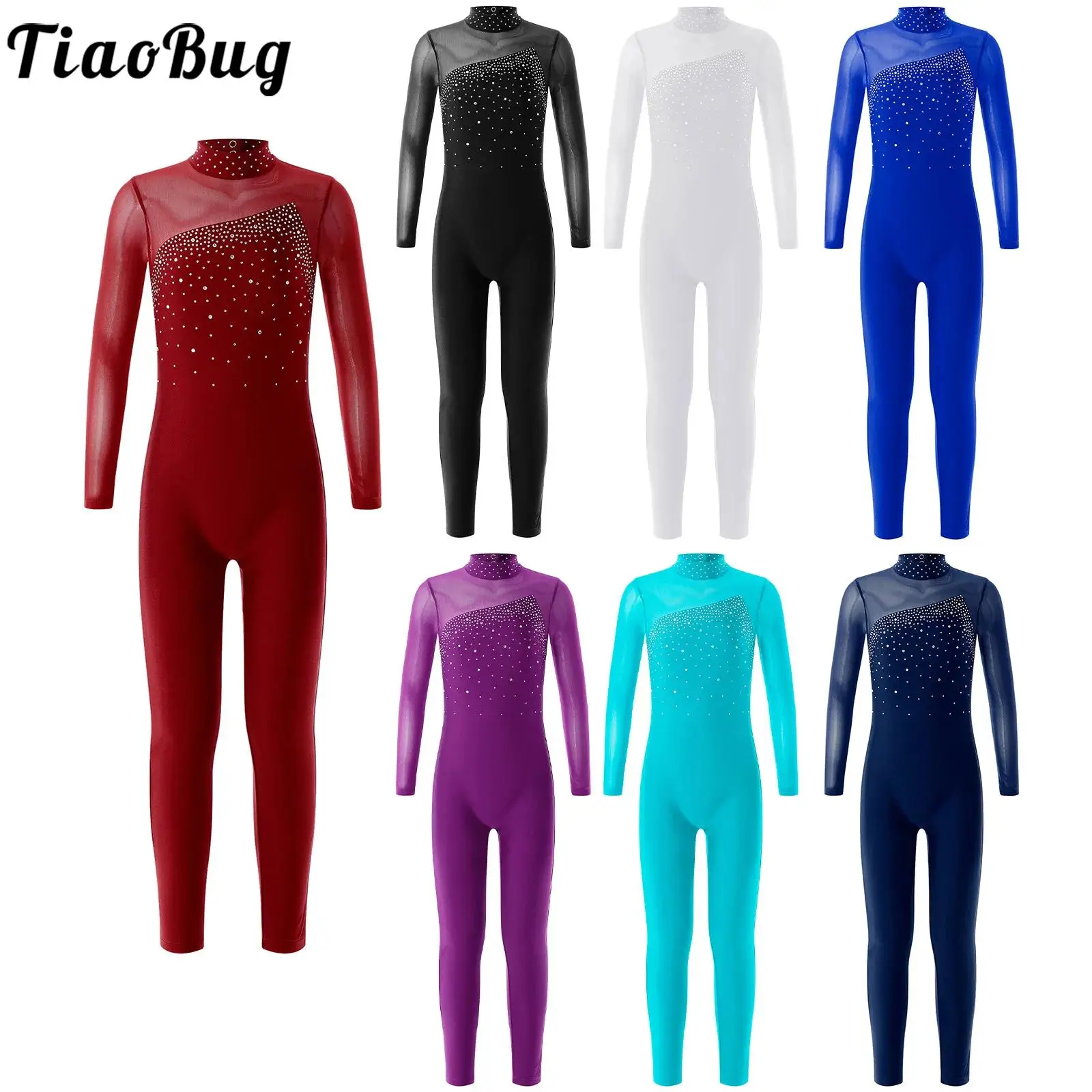 

Kids Girl Long Sleeve Rhinestone Rhythmic Gymnastics Jumpsuit Figure Skating Leotard Costume Sport Workout Bodysuit Dancewear