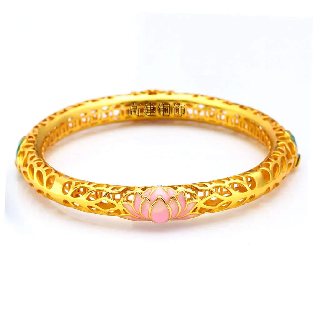 Fine gold AU999 bracelet enamel hollow lotus 24k real gold ethnic style trend wrist chain female hand jewelry