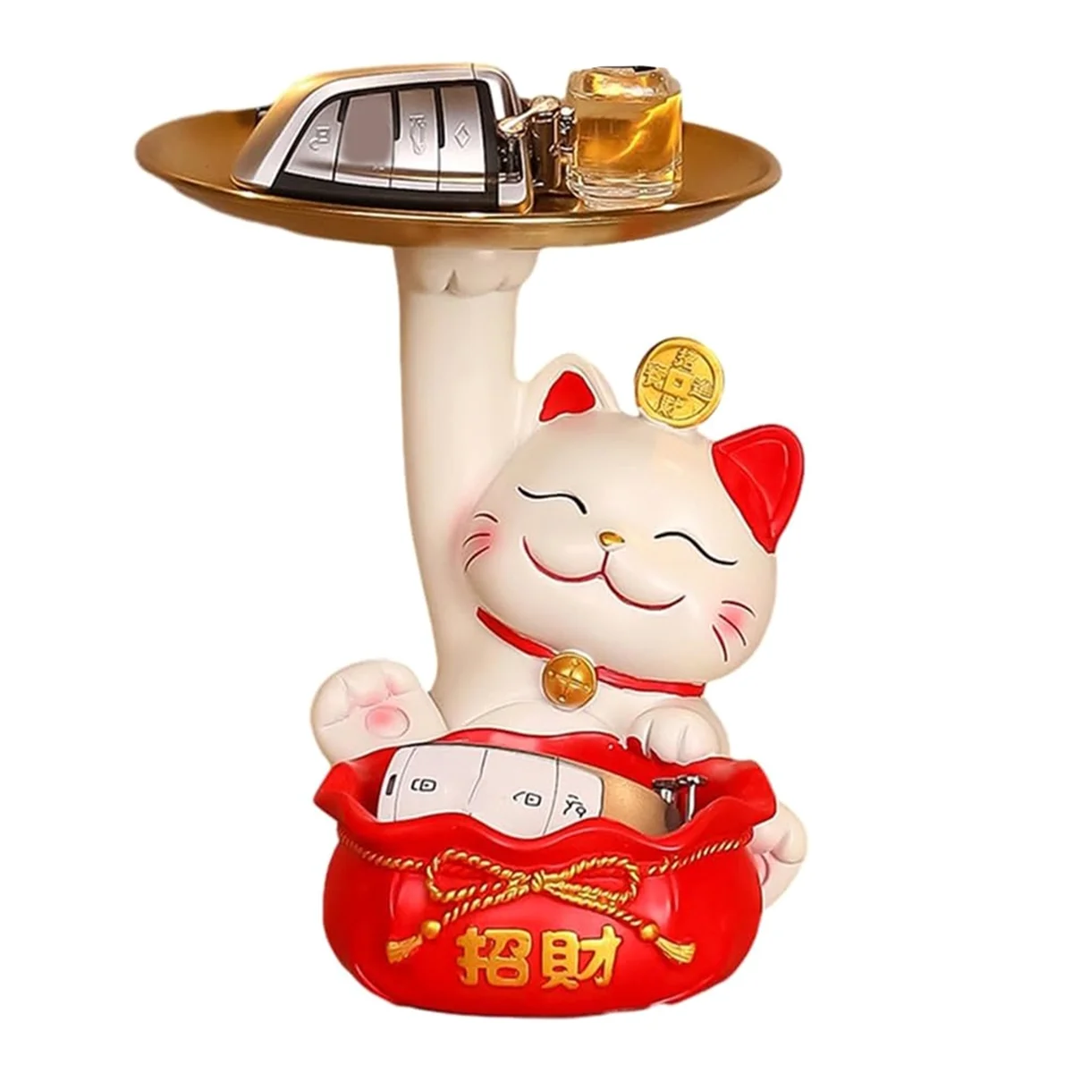 Fortune Cat Statue, Creatives Cute Fortune Cat Tray, Resin Fortune Cat Statue with Dish, Fortune Cat Key Storage Tray B