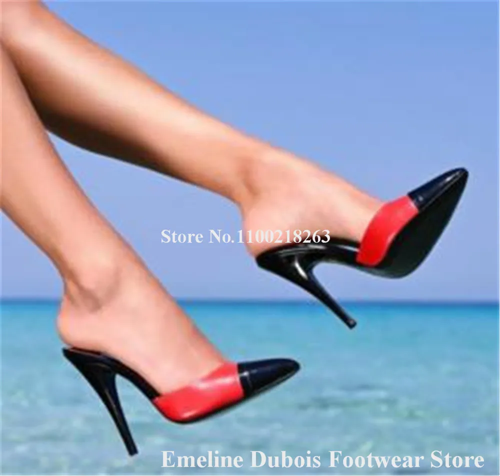 Black Pointed Toe Patchwork Slippers Emeline Dubois Red White Matte Leather Stiletto Heel Casual Sandals Dress Pumps Big Size