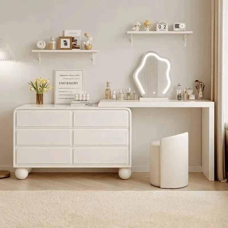 White Makeup Vanity with Mirror and Lights,Vanity Set with Chest of Drawers,Dresser Table with 6 Solid Wood Drawers Vanity Desk