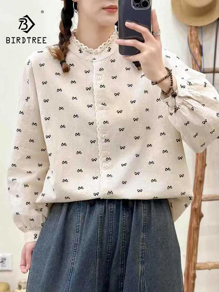 

New 2025 Autumn Cotton Long Sleeve Shirt, Women O Neck Bow Print Lace, Mori Girl French Versatile Commute Loose Blouse T57423CC