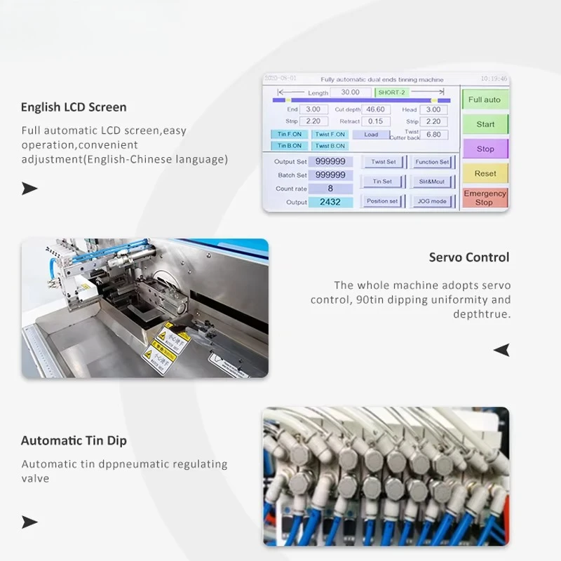 EW-8015 Full Automatic Wire Stripping Cutting Machine Twisting and Tinning Machine Double Head Dip Tin Machine Pull Clip Type