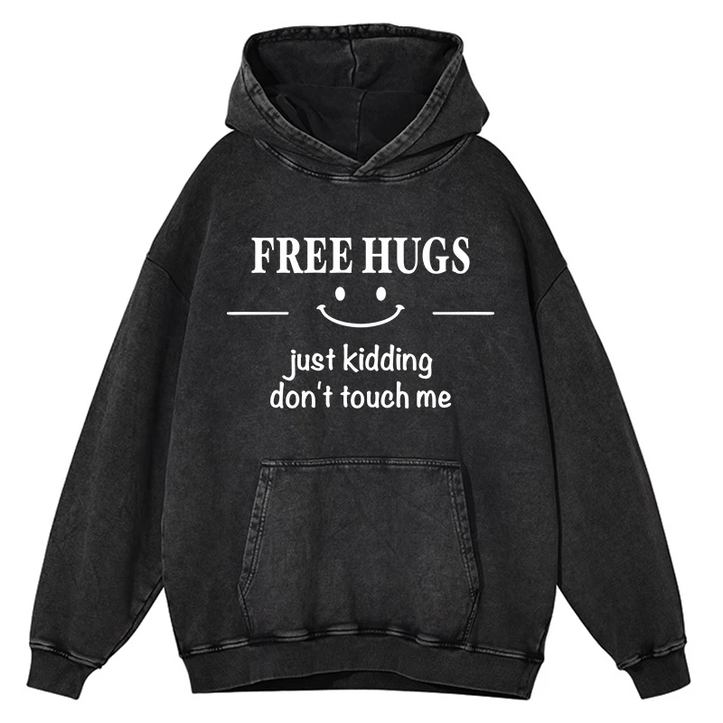 

Oversized Womans Acid Wash Hoodies Free Hugs Letter Printing Pullovers Comfortable Pocket Cotton Hoody Casual Couple Clothes