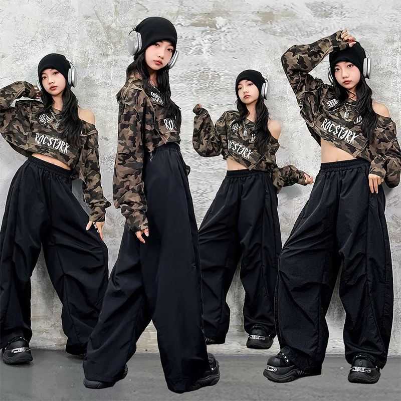 Girls Group Jazz Dance Performance Outfit Camouflage Streetwear Long Sve round Ne Basic Pa Kid Hip Hop Dance Costume