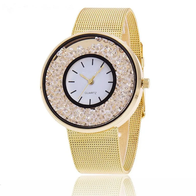 MINHIN Brand Design Stainless Steel Watch Gold & Rose Gold & Silver Colors Wrist Wtach Women Rhinestone Mesh Band Quartz Watch