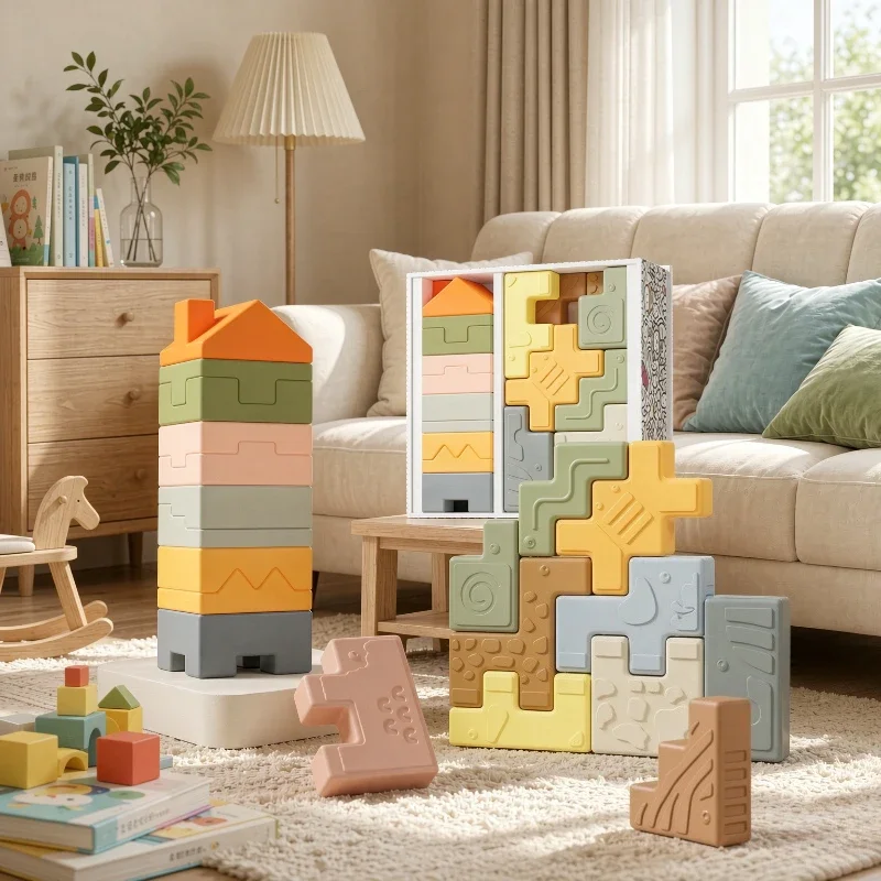 Soft Silicone Stacking Blocks Puzzle Baby Grasping Toy Boil Clean Early Learning Gift Set for Toddlers Kids Home Play 실리콘 블록 장난감
