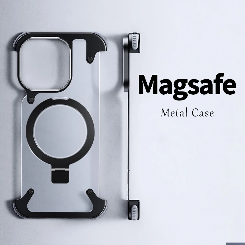 

Aluminum Alloy Magnetic Stand Rimless Phone Case For iPhone 13 14 15 Pro Max 15Plus Metal Lens Shell Frosted Matte Back Cover