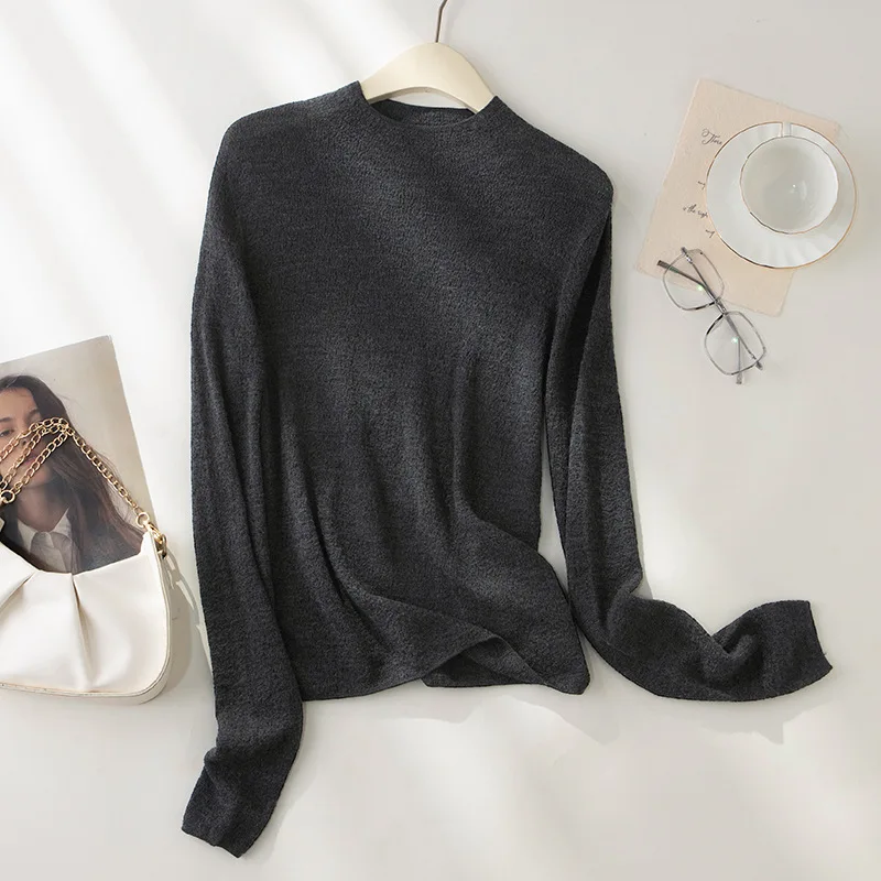 Textured Seamless Pure Wool Sweater Light Weight Knitted Pullover Mock Neck Jumper 2026