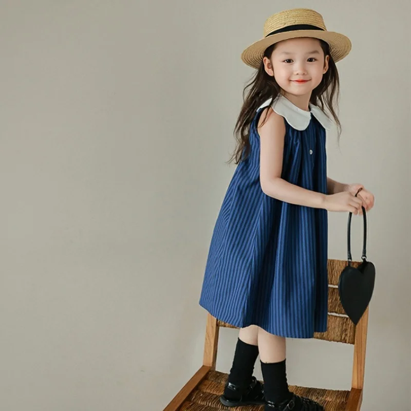 Korean Style Girls Dress Summer Sweet Kids Dresses Cotton Solid Color Sleeveless Children Dress Casual Girl Clothes 3-8 Years