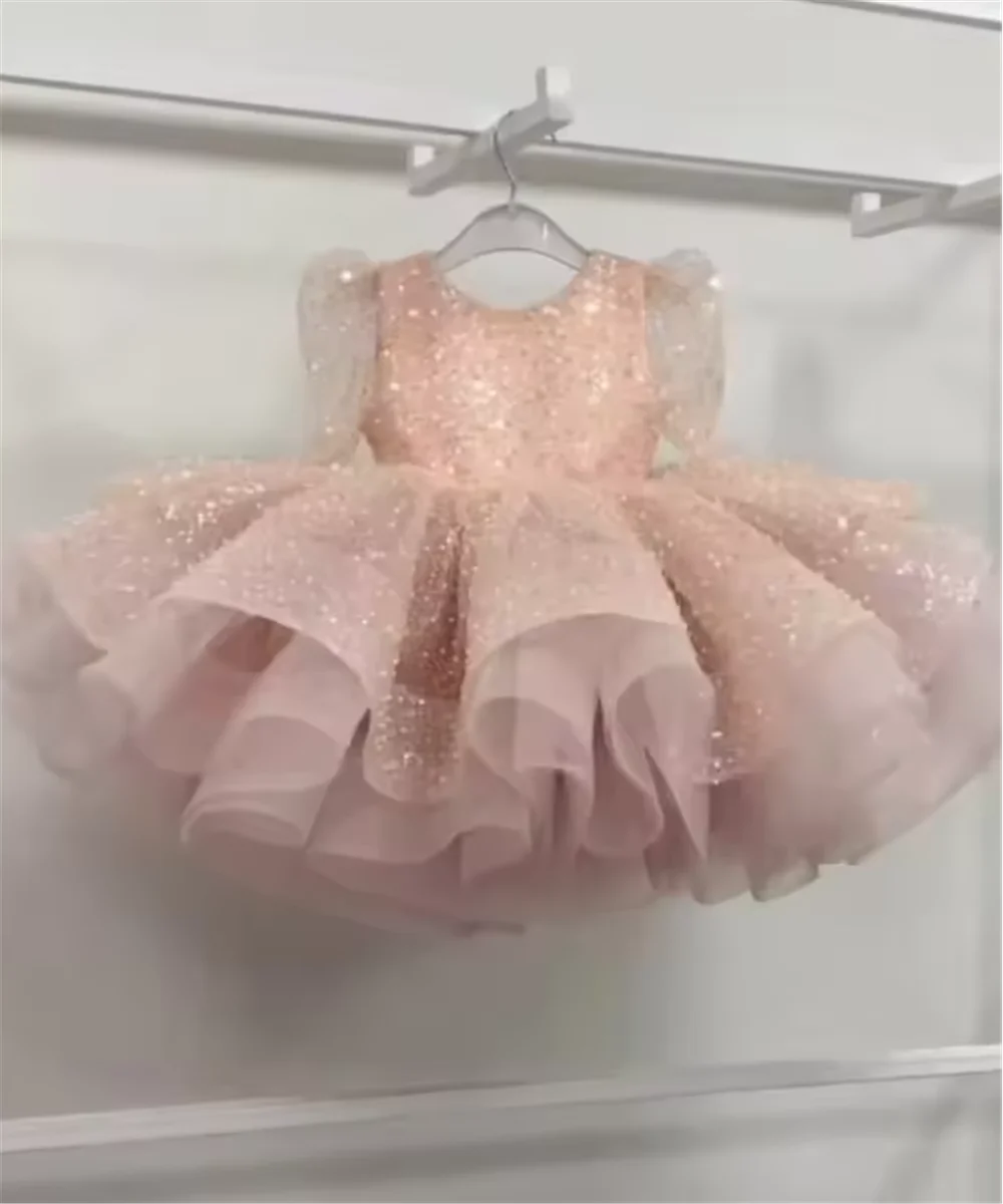 فستان زفاف فتاة الزهور سباركلي مخصص مطرز بأكمام طويلة فستان الأميرة لحفلات أعياد الميلاد والحفلات الراقصة للأطفال فستان التواصل المقدس