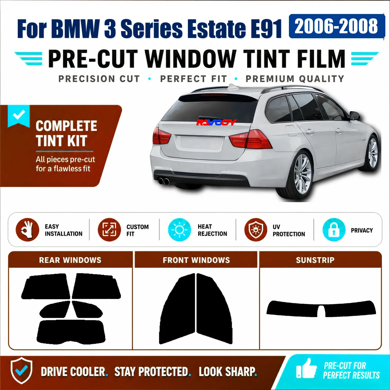 For BMW 3 Series Estate E91 2006-2008 Sun Shade Film DIY Complete Window Anti-Glare Privacy Film