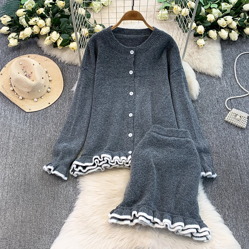 Temperament color blocked knitted ruffle edge round neck cardigan jacket+high waist slimming fish tail half skirt set