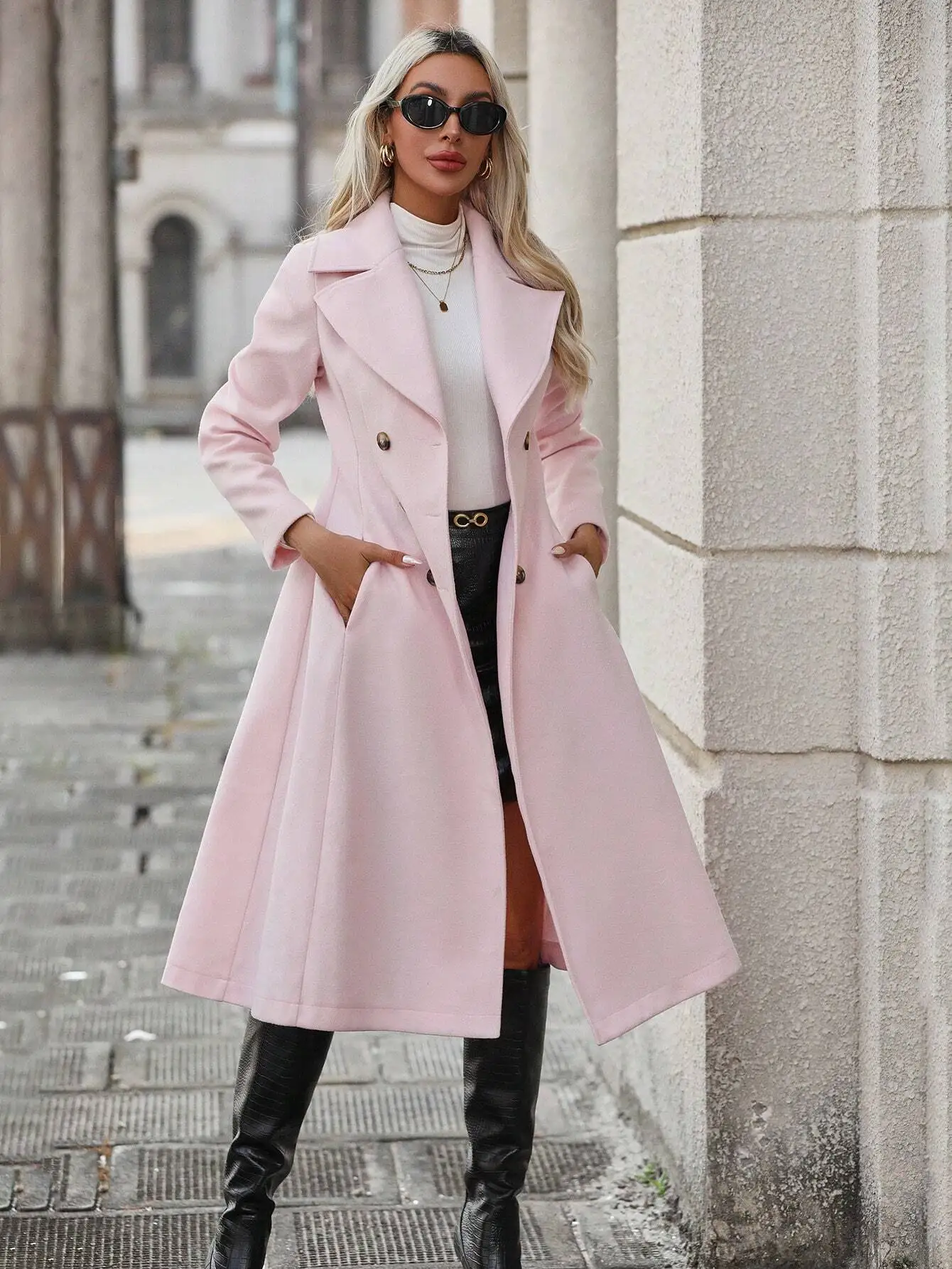 

Розовый двубортный длинный плащ для женщин, элегантный осенне-зимний стиль с воротником с лацканами