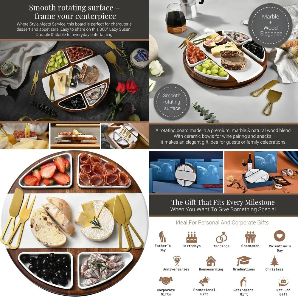 

Round Acacia Cheese Board with 4 Ceramic Dishes - Elegant Serving Platter for Weddings & Showers