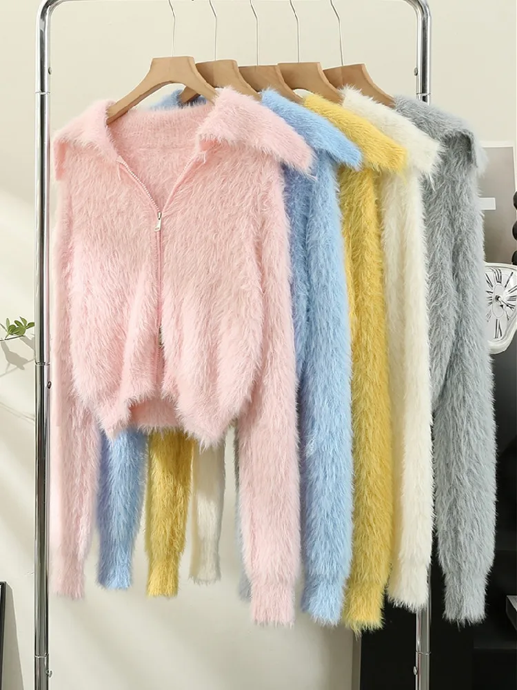 Korean style Turndown Collar Pink Cardigan Women Furry Zipper Kniwear Mujer Sweet Cropped Sweater Jackets Femme