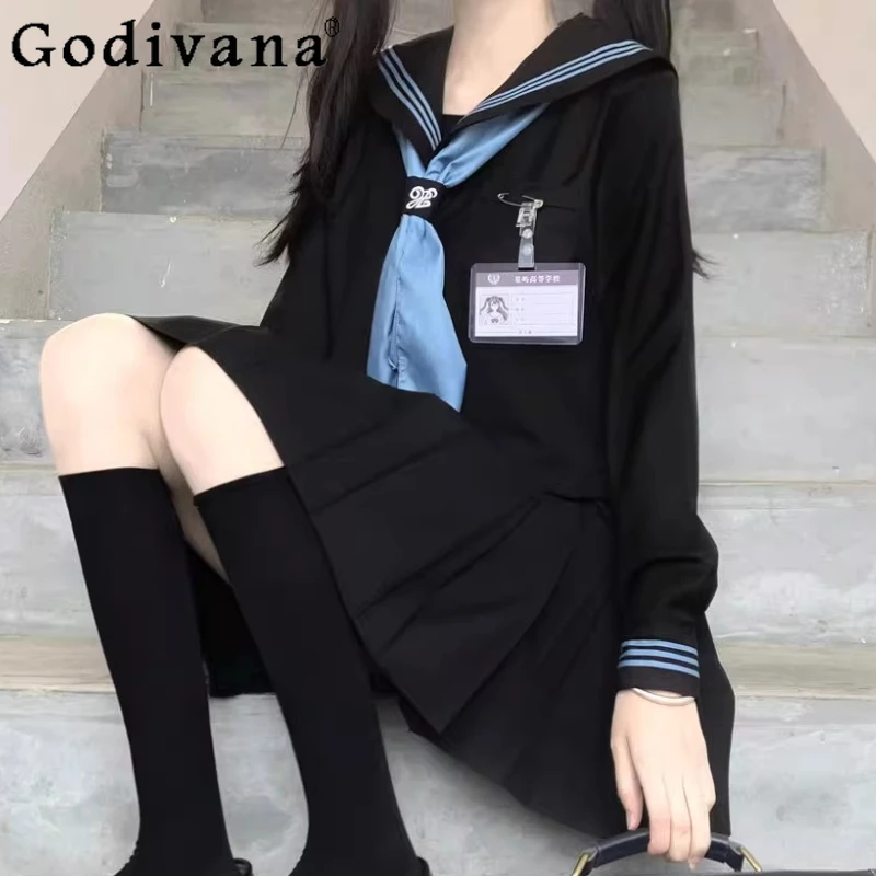 

JK Japanese Long Sleeve Loose Navy Collar Shirt Top Sweet Girls High Waist A-line Fashion Versatile Age Reduction Pleated Skirt