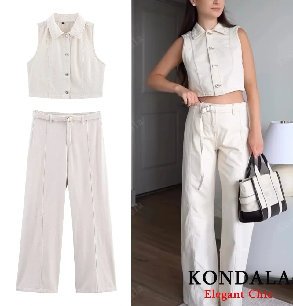 

KONDALA женский уличный джинсовый жилет, комплект с лацканами и пуговицами, жилет или брюки с поясом, весна-осень 2024, модный праздничный простой комплект брюк