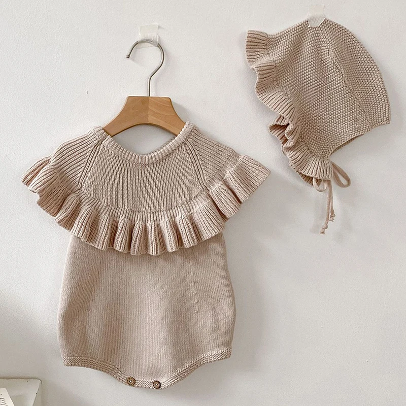 Toddler Baby Girl Romper+Hat Sleeveless Knitted Solid Color Newborn Baby Girl Jumpsuit Autumn Spring Children Knitting Clothes