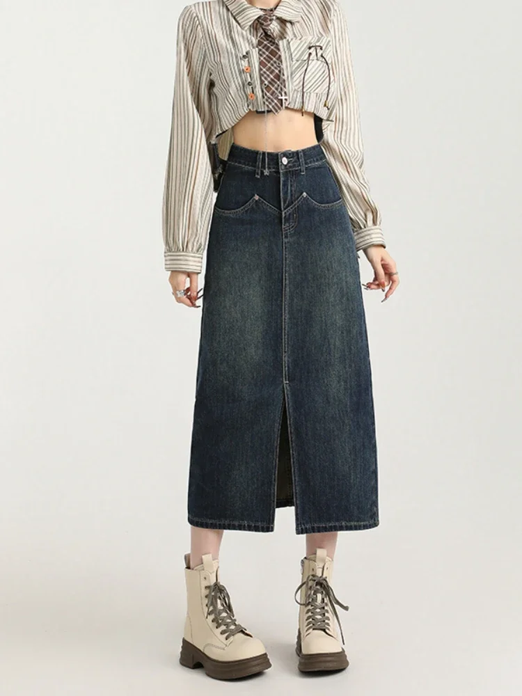 Fashion Split Denim Skirts Female 2025 Spring Mid-length Slim A-line Skirts Casual High Waist All Match Slit Short Skirts Mujer