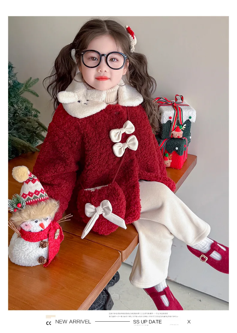 

Kawaii Girl Fashion Lamb's Wool Thicken Lapel Tops Student Winter Casual Keep Warm Fur Collar Coat Jacket Children's Clothing