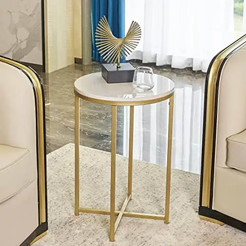 

Gold Round Side End Table with Marble Top, Modern Bedside Small Coffee Table for Living Room Bedroom Small Space, 15.7" D x