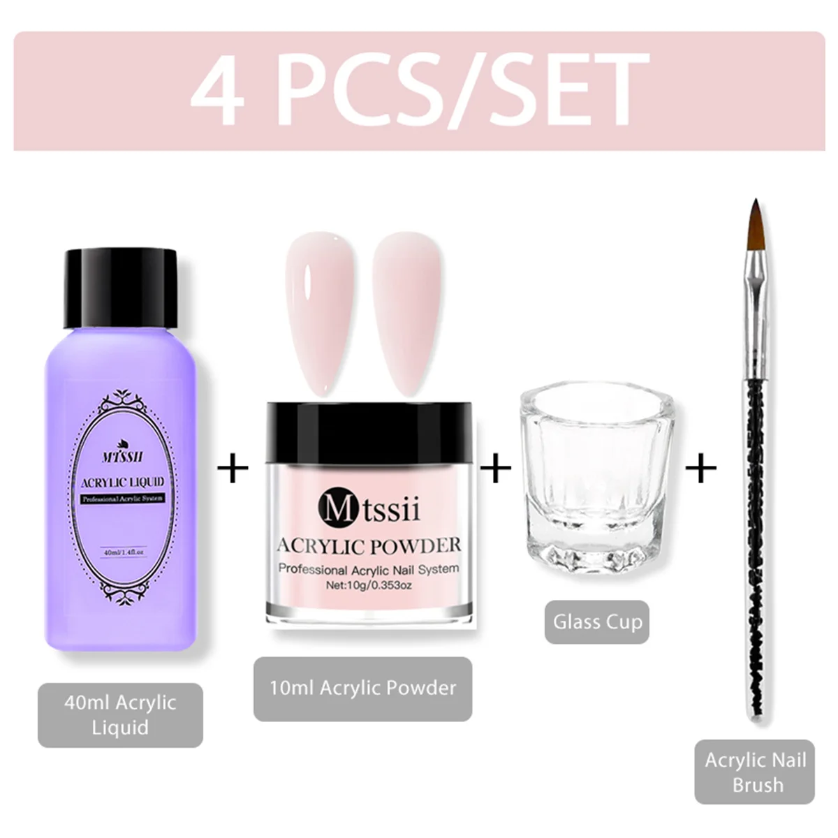 Conjunto de 4 Peças: Kit de Unhas de Acrílico com Pó e Líquido de 10ml, Gel para Escultura de Unhas e Ferramentas com Pincel para Monomer Líquido