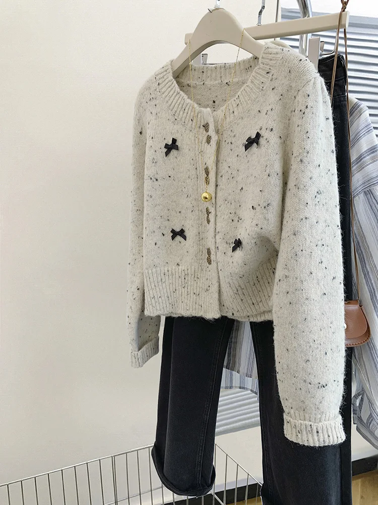 Sweet O-Neck Knitted Cardigan Women Autumn and Winter Elegant Bow Single Breasted Sweaters Long Sleeve Tops Coat