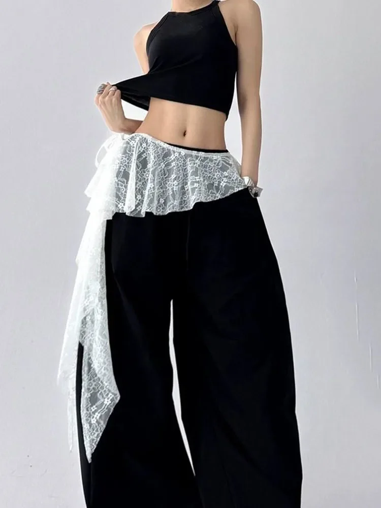 청바지 바지 장식 자수 꽃 레이스 미니 스커트 불규칙 시스루 주름 스커트 하이웨이스트 하라주쿠 플리츠 스커트