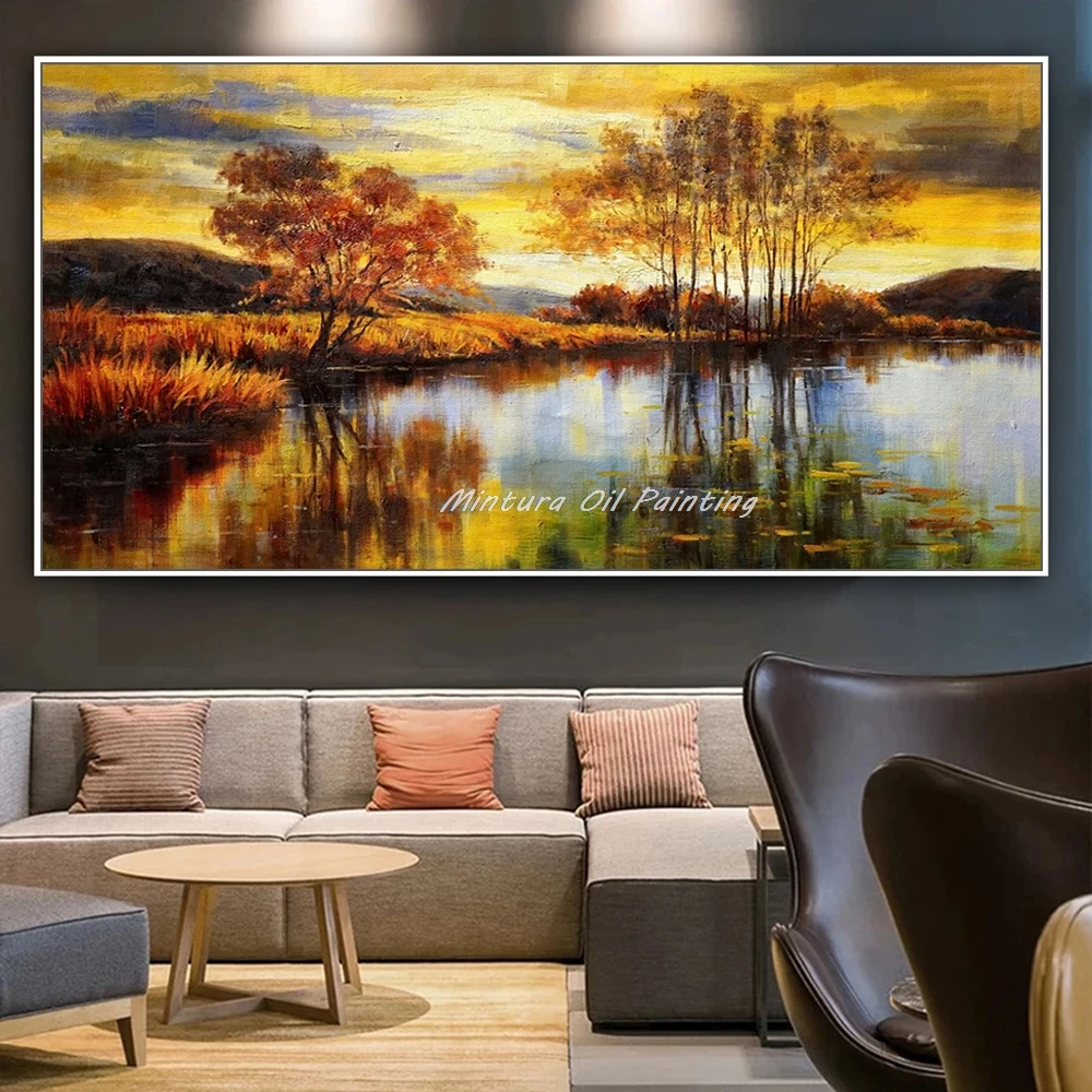 Mintura Large Handpainted Tree Landscape Oil Painting on Canvas Wall Art Picture Modern Home Decoration Lake View Poster Artwork