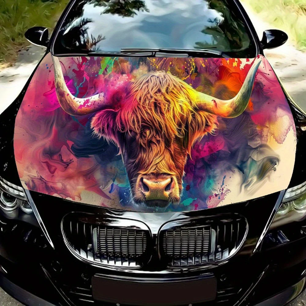 

Rainbow Vibe Highland Cow Design Car Hood Vinyl Wraps Sticker, Car Engine Decal, Waterproof Self-adhesive Car Packaging Cover, U