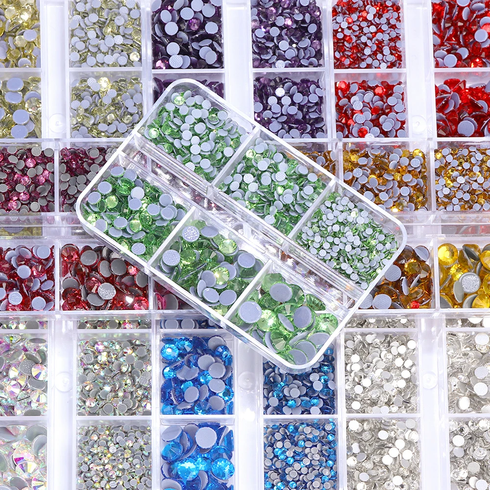 SS6-SS30 Mixed Sizes Glass Hotfix Rhinestones 6Grid Box Flat Back Glitter Crystal Strass Iron On Rhinestones for Clothes