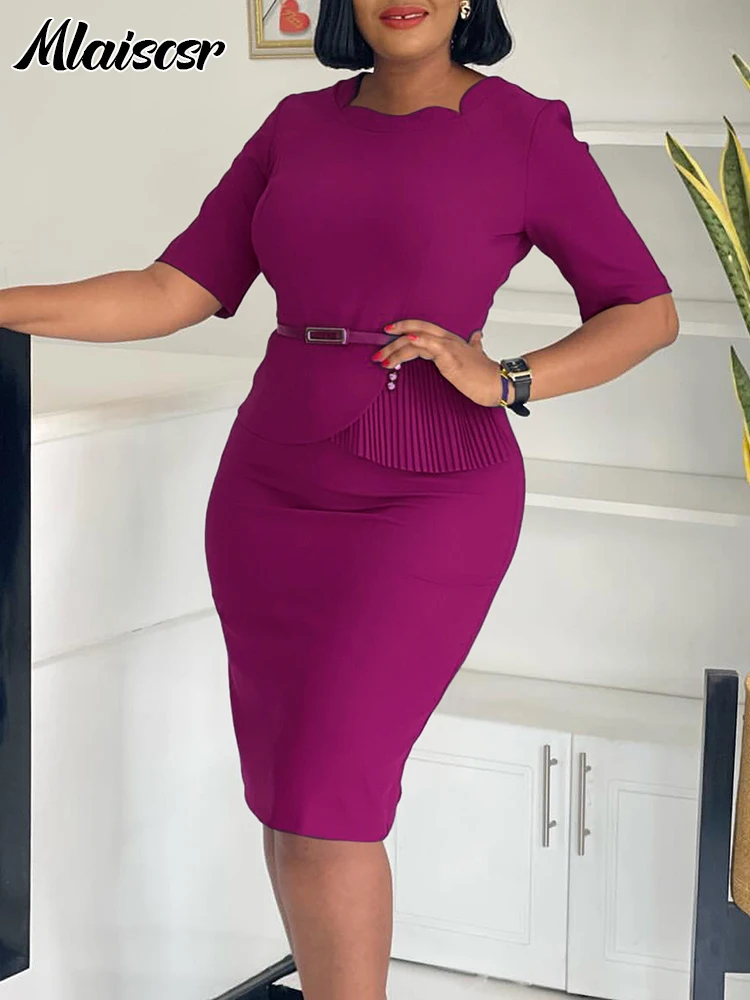 Mlaiscsr Elegant Office Lady Mid Dresses with sashes for African Women Half Sleeves Slim Work Wear Female Birthday Evening Gowns