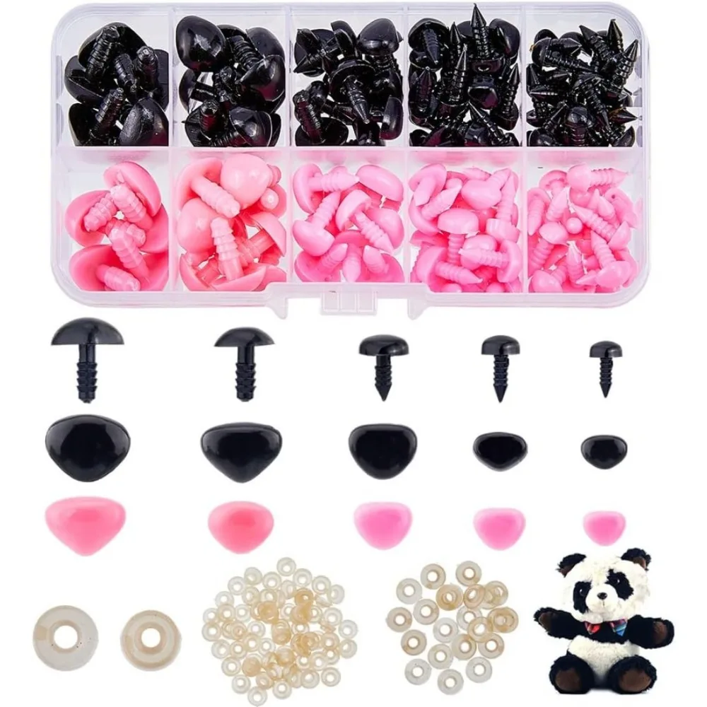 130pcs 5 Sizes Plastic Safety Noses with Washer Triangle Animal Nose Black and Pink Craft Amigurumi Nose Sets