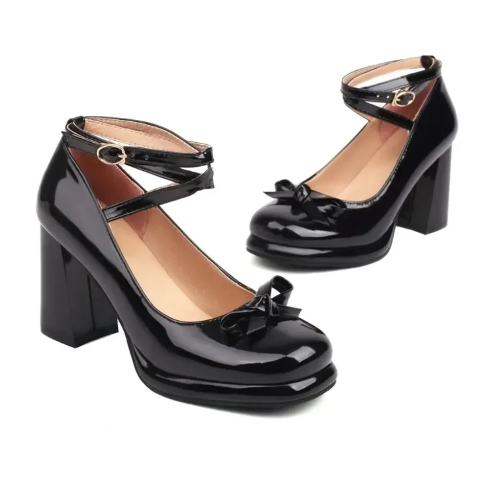 Spring and Autumn New Style Fashion Round Head High-heeled Women's Shoes Sweet Bow Cross Buckle Thick Heel Women Shoes High 8cm