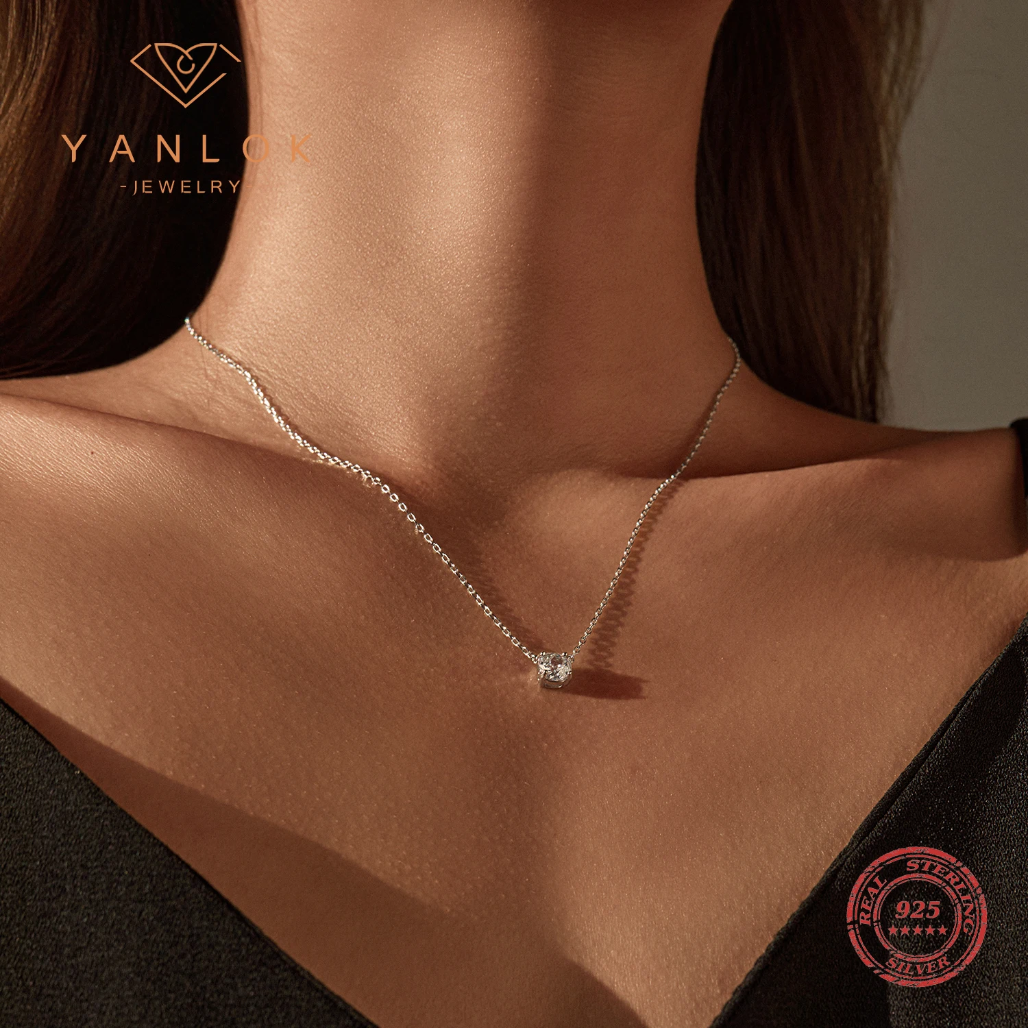 YANLOK 925 Sterling Silver Dazzling Octagon Rose Cut Clear CZ Link Chain Pendant Necklace For Women Fine Jewelry