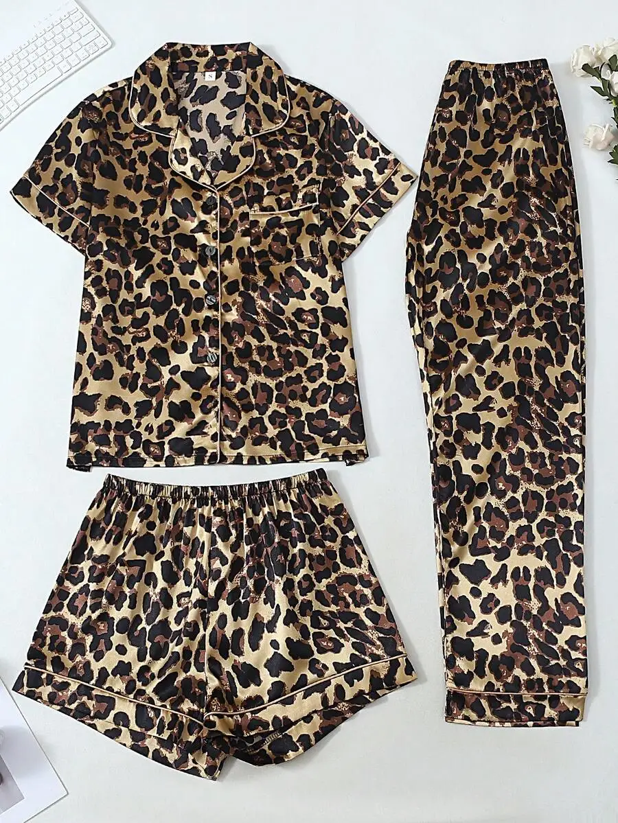 

3pcs Satin Leopard Print Pajama Set Women Short Sleeve Top Shorts Pants Sleepwear
