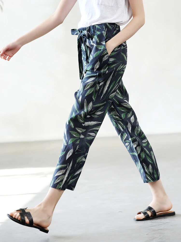 SuyaDream, Women Printed Pants, 100%Linen, Elastic High Waisted, Ankle-Length 2024 Spring Summer Trousers