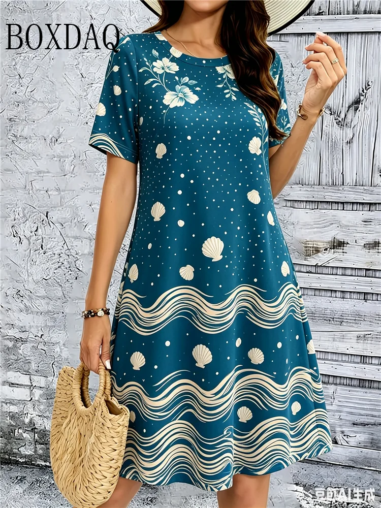Striped Pattern Printed Women'S Dress Summer Fashion High Quality Casual Sport Loose Short Sleeve Round Neck Pullover Home Dress