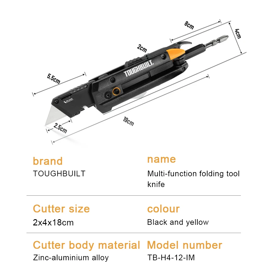 TOUGHBUILT TB-H4-12-IM Electrician\'s Folding Utility Knife Multifunctional Pocket Knife with Bit Driver and Pry Bar