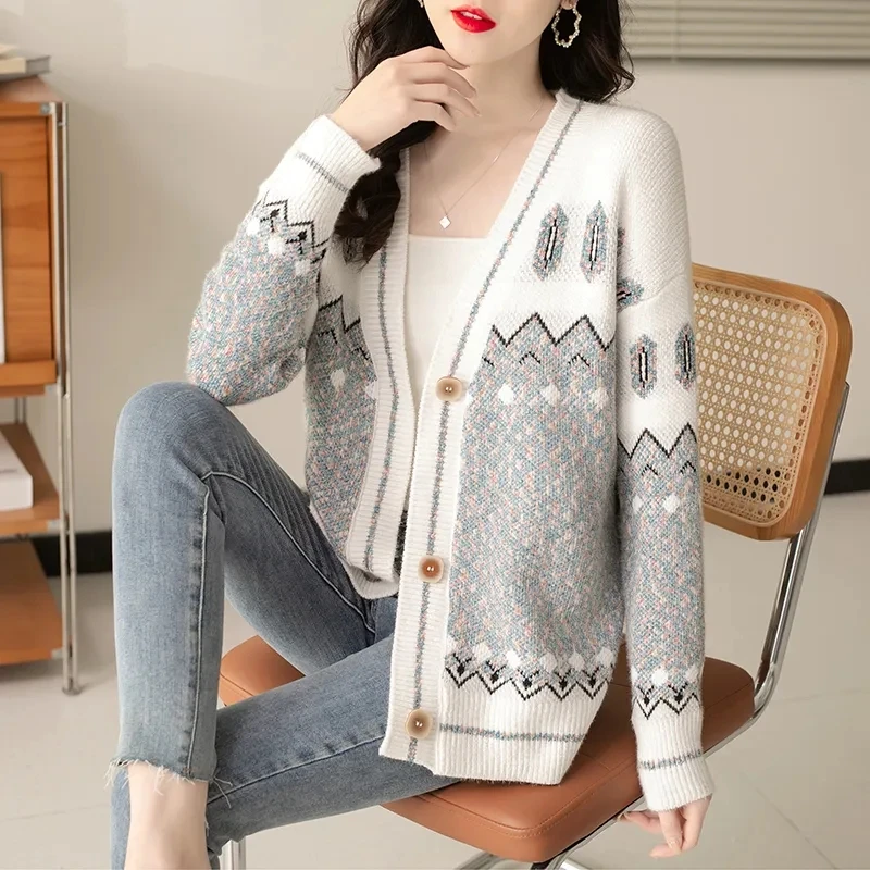 AutumnWinter New Knitted Cardigan Sweater Loose Joker V-Neck Coat Small Fresh Jacquard Fashion Warm Button Temperament CasualTop