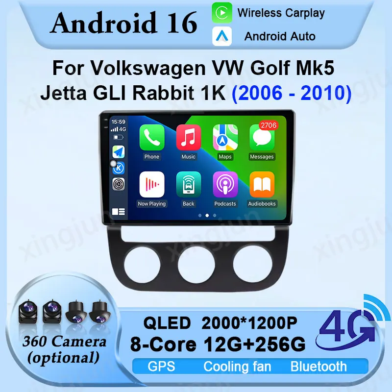 Car Radio Video For Volkswagen VW Golf Mk5 Jetta GLI Rabbit 1K 2006-2010 Wireless Carplay Split Screen Android 16 Auto No 2 Din