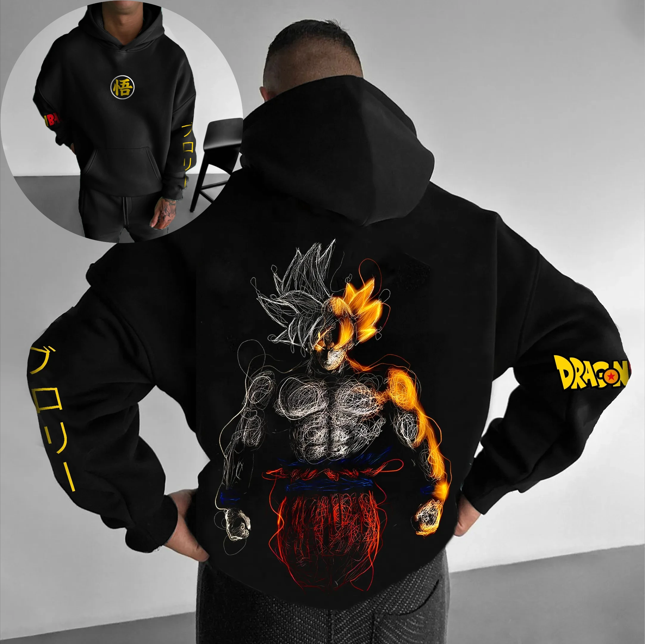 

Dragon Ball Z Goku Super Saiyan Толстовка с принтом на спине Мужская черная оранжевая энергия с японским рукавом и текстом Уличная мода Повседневный косплей