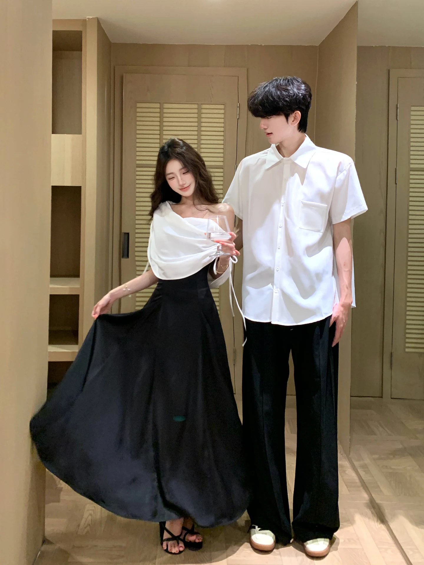 

Elegant Couple Matching Summer Short Sleeve Shirt Engagement Long Skirt Hepburn Style Maxi Dress One Dress One Skirt French S...