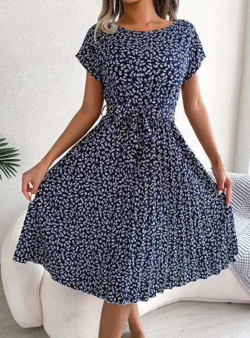 Wiosenno-letnia nowa, codzienna, plisowana spódnica z krótkim rękawem i kwiatowym wzorem, elegancka sukienka w stylu wiejskim dla kobiet